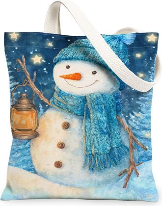 Generic Winter Snow Man Canvas Tote Bags, Holiday Lantern Design Reusable Grocery Bags, Vintage Lightweight Washable Shoulder Strap Canvas for Travel Outdoor 