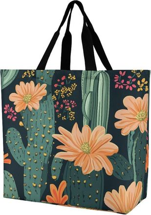 Generic Cactus Floral Plants Reusable Shopping Bags One Shoulder Grocery Tote Bag Waterproof Big Purse for Work Travel