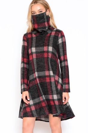 Papillon Masked Plaid Cowl Neck A-Line Sweater Dress In Black