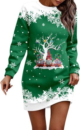 Generic Christmas Dresses for Women Oversized Christmas Dress Long Sleeve Jumper Crew Neck Xmas Graphic Print Sweatshirt Winter Casual Midi Dress Party Costum