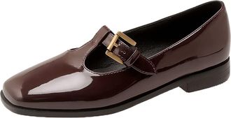 Agodor Womens T Bar Mary Jane Shoes Low Chunky Heel T Strap Patent Leather Court Shoes (UK 6.5, Burgundy)