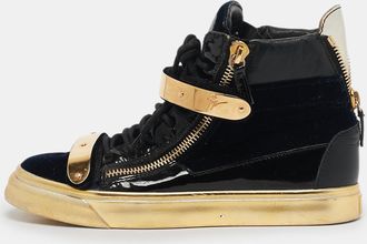 Giuseppe Zanotti Black/gold Velvet And Patent Leather Coby High Top Sneakers