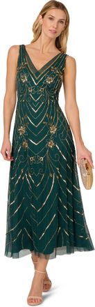 Adrianna Papell Womens Studio Beaded Mesh Dress - Green - Size 22 UK