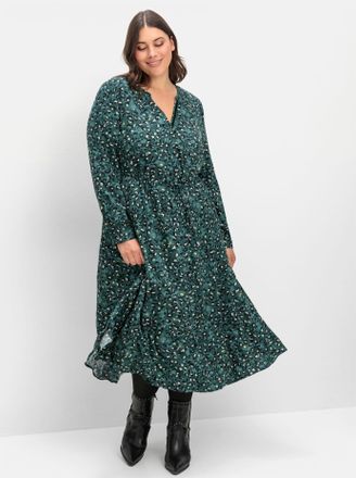 Sheego Blusenkleid SHEEGO Blusenkleid, Damen, Gr. 42, Normalgr&ouml;ssen, gr&uuml;n (tiefgr&uuml;n, gemustert), 100% Viskose, bedruckt, gemustert, lang, Rundhals, Kleider B