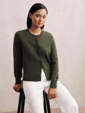 Reiss Green Wool-blend Crew-neck Cardigan With Cashmere, XS