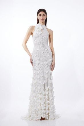 Karen Millen Crystal Rosette Halter-Neck Maxi Dress in Ivory at Nordstrom, Size 12