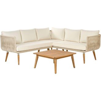 Beliani Conjunto De Sala De Estar Esquinero 5 Plazas De Madera De Acacia Beige Madera Clara Blanco Crema Alcamo