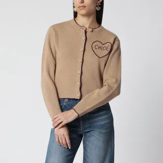 Chlo&eacute; Light Brown Wool and Cashmere Logo Cardigan