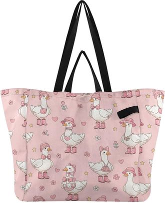 Generic Ducks Pink Hearts pattern Reusable Canvas Tote Bag, Heavy Duty Grocery Shopping Bag with Double Handles Hard Bottom Large Capacity Work Groceries Trav