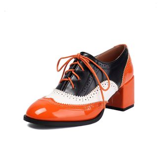 Generic Womens Patent Leather Vintage Brogues Mid Block Heel Oxfords Dress Shoes Lace-Up Casual Shoes,Orange,5.5 UK