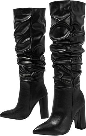 Generic Women Winter Knee High Boots Pleated Leather Pointed Toe Square Heel Party Elegant Casual Boot