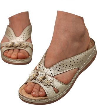 Generic Wide Fit Sandals for Women Summer Comfortable Flat Sandal with Flowers Breathable Casual Open Toe Wedge Slippers with Arch Support Casual Vacation Bea