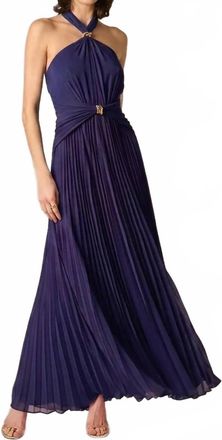 Aidan Mattox Pleated Chiffon Hardware Halter Gown In Twilight