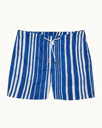 Orlebar Brown Bulldog Drawcord Mid-Length Classic Fit Drawcord Sun Stripe Swim Shorts in Aero Blue at Nordstrom, Size 34