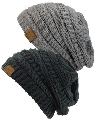 C.C Trendy Warm Chunky Soft Stretch Cable Knit Beanie Skully, 2 Pack, Light Melange Gray/Dark Melange Gray, One Size