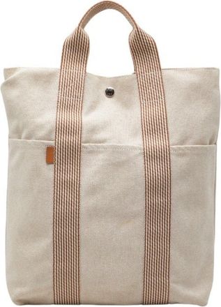 Herm&egrave;s Beige Brown Canvas Handbag Tote Bag (Pre-Owned)