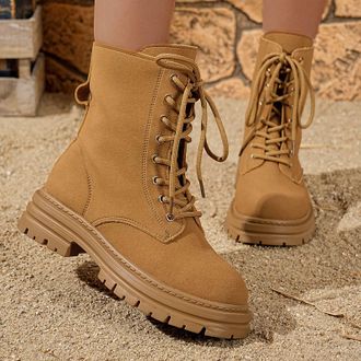 Generic Brown Womens Casual Winter Short Boots with Round Toe and Front Lace-Up Style Low Heel for Ankle Support and Comfort