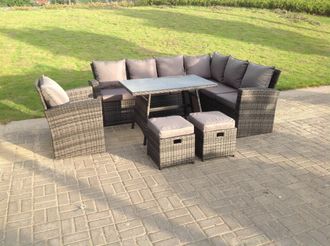 Fimous 9 Seater High Back Dark Mixed Grey Rattan Corner Sofa Set Outdoor Furniture Rectangular Dining Table in Dark Grey