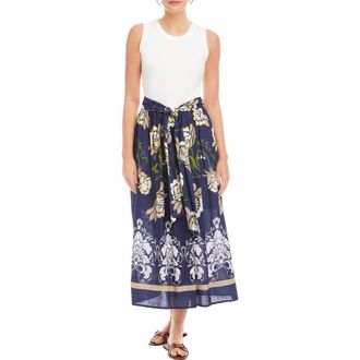 Fifteen Twenty Seline Mixed Media Midi Dress in Navy W/Off White at Nordstrom, Size Medium