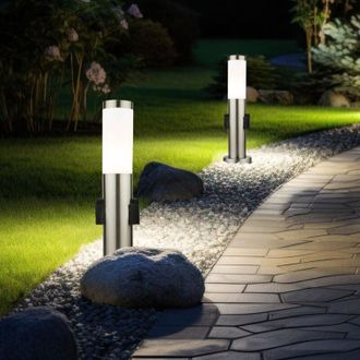 Globo Lighting Lampada da terra per esterni Lampada da giardino con 2 prese Lampada da giardino in acciaio inox Paletto luminoso Argento, E27, PxA 8 x 45 cm, set da