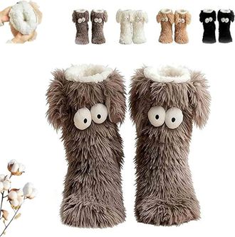 Generic Muffle Friends Cozy Socks, Womens Winter Warm Fuzzy Non-Slip Slipper Socks with Cute Big Eyes - Thick Plush Indoor Home Floor Socks (Gray)