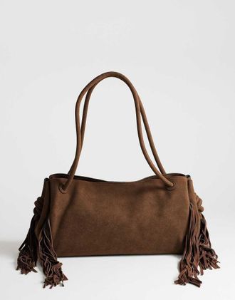 Topshop Maisie - Borsa da spalla grande color cioccolato con nappe in vera pelle-Marrone
