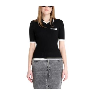 Off-white V-neck Knitwear, female, Black, Size: L Rib Knit Logo Patch T-Shirt