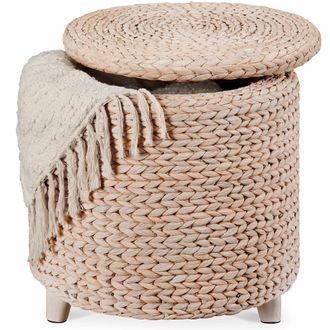 Best Choice Products 17 Round Storage Ottoman with Lid - Handwoven Water Hyacinth Modern Footstool