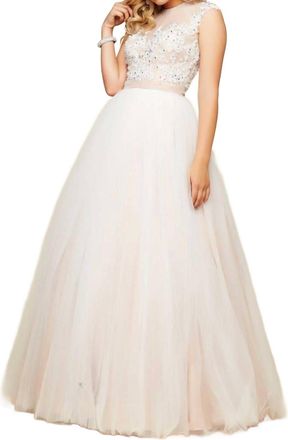 Mac Duggal Illusion Neck Tulle Ball Gown In Ivory/nude