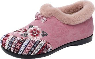 Generic Slippers for Elderly Women,Ladies Wide Fit Slippers,Womens Ethnic Embroidered Plush Slipper,Button Design,Boho Floral Button Design Winter Warm Fleece