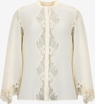 Chlo&eacute; Fliessende Seidengeorgette- und Spitzenbluse mit ausgestellten &Auml;rmeln