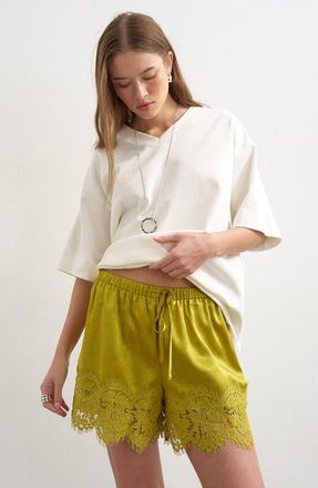 Topshop Crinkle Satin & Lace Shorts in Yellow at Nordstrom, Size 14 Us