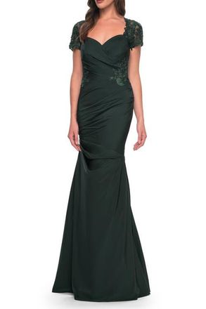 La Femme Satin Evening Dress with Lace and Scoop Neckline in Dark Emerald at Nordstrom, Size 10