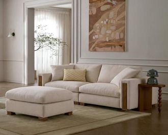 Castlery Tan France Kagan Sofa with Ottoman, Basketweave Cream, Modern Heritage Modular Sofa, Castlery
