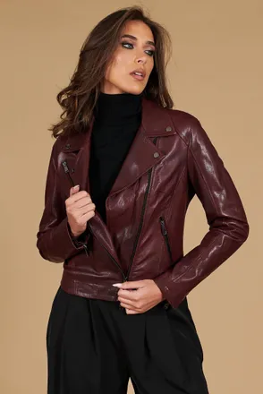 D'Arienzo Giacca chiodo in pelle colore vinaccia effetto vintage DArienzo, Seleziona Taglia XS, Colore Vinaccio