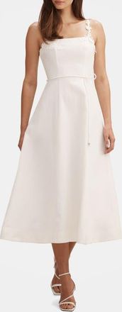 Ever New Rosette Floral Appliqu&eacute; Linen Blend Fit & Flare Dress in Porcelain at Nordstrom, Size 12