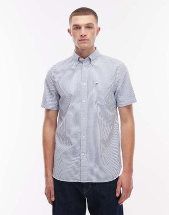 Tommy Hilfiger Camicia a maniche corte in seersucker blu a righe
