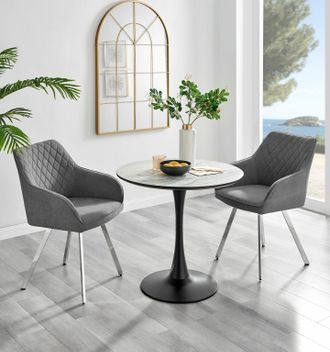 Furniturebox Elina White Marble Effect Scratch Resistant Dining Table & 2 Falun Silver Leg Fabric Chairs in Dark Grey