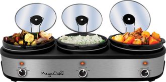 MegaChef Triple 2.5 Quart Slow Cooker and Buffet Server in Brushed Silver and Black Finish with 3 Ceramic Cooking Pots and Removable Lid Rests