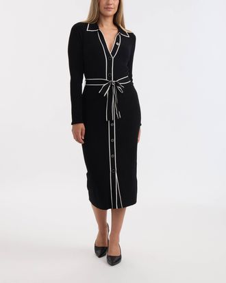 Ellen Tracy Womens Button Front Long Dress with Contrast Tipping