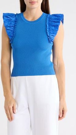 T Tahari Ruffle Mixed Media Rib Sweater in Blue at Nordstrom Rack, Size X-Small