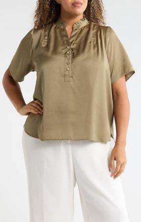 T Tahari Ruffle Split Neck Short Sleeve Top in Light Olive at Nordstrom Rack, Size 2 X