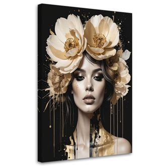Feeby Cuadro En Lienzo Mujer Glamurosa Con Flores En La Cabeza En Beige Y Dorado 70x100