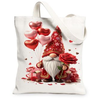 Generic ValentineS Day Gnome Canvas Tote Bags, Heart Balloon Floral Pattern Reusable Grocery Bags, Lightweight Washable Shoulder S, White, 13x15 Inch