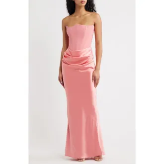 House of CB Persephone Strapless Corset Satin & Stretch Crepe Mermaid Gown in Raspberry at Nordstrom, Size X-Small