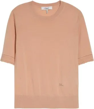 Chlo&eacute; Lace Trim Short Sleeve Wool Sweater in Tender Peach at Nordstrom, Size X-Small