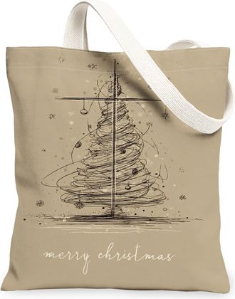 Generic Christmas Tree Canvas Tote Bags, Elegant Holiday Design Lightweight Washable Grocery Bags, Vintage Rustic Chic Reusable Sho, Beige, 13x15 Inch