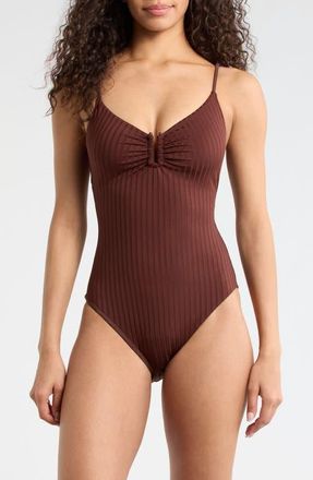 Sanctuary V-Wire Rib One-Piece Swimsuit in Espresso at Nordstrom, Size X-Small
