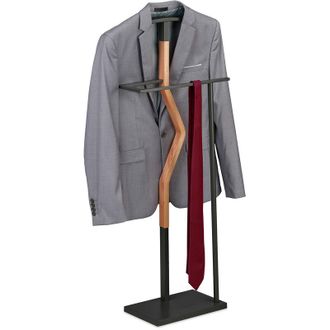 Relaxdays Valet Stand, Suit Holder, Clother Butler, Jacket & Trouser Hanger, 107x48x20 cm, Metal & mdf, Grey/Natural - Relaxdays