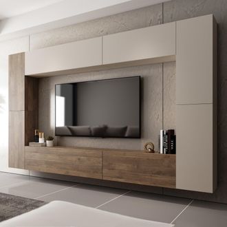 Dmora Pared Modular Hadara, Mueble De Sala 8 Estantes, Modulable, Puerta Abatible, Beige